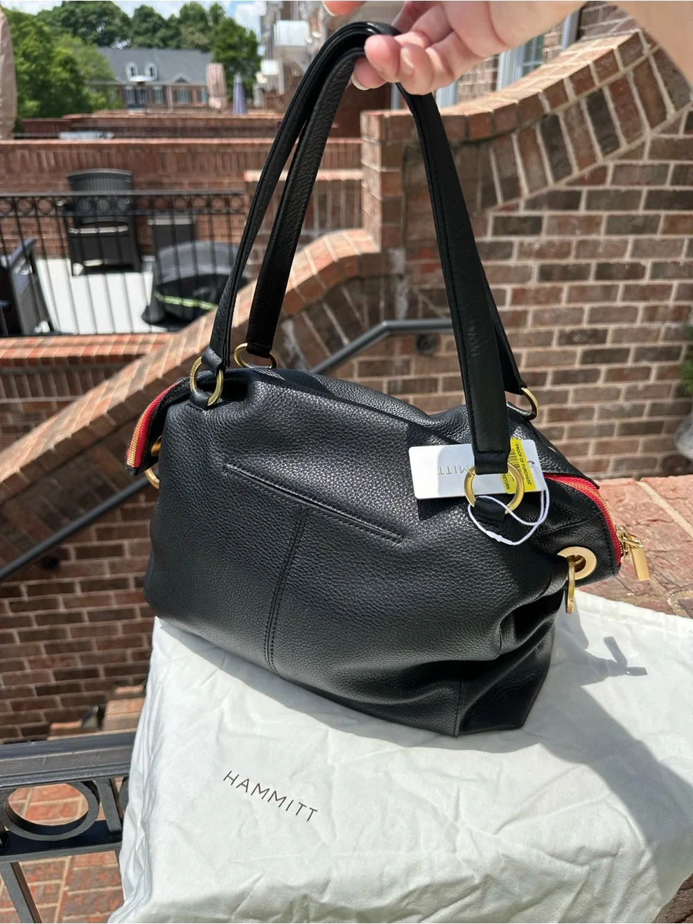 Hammitt, Large Daniel,Black Pebbled Leather Satchel. Red suede interior. NWT